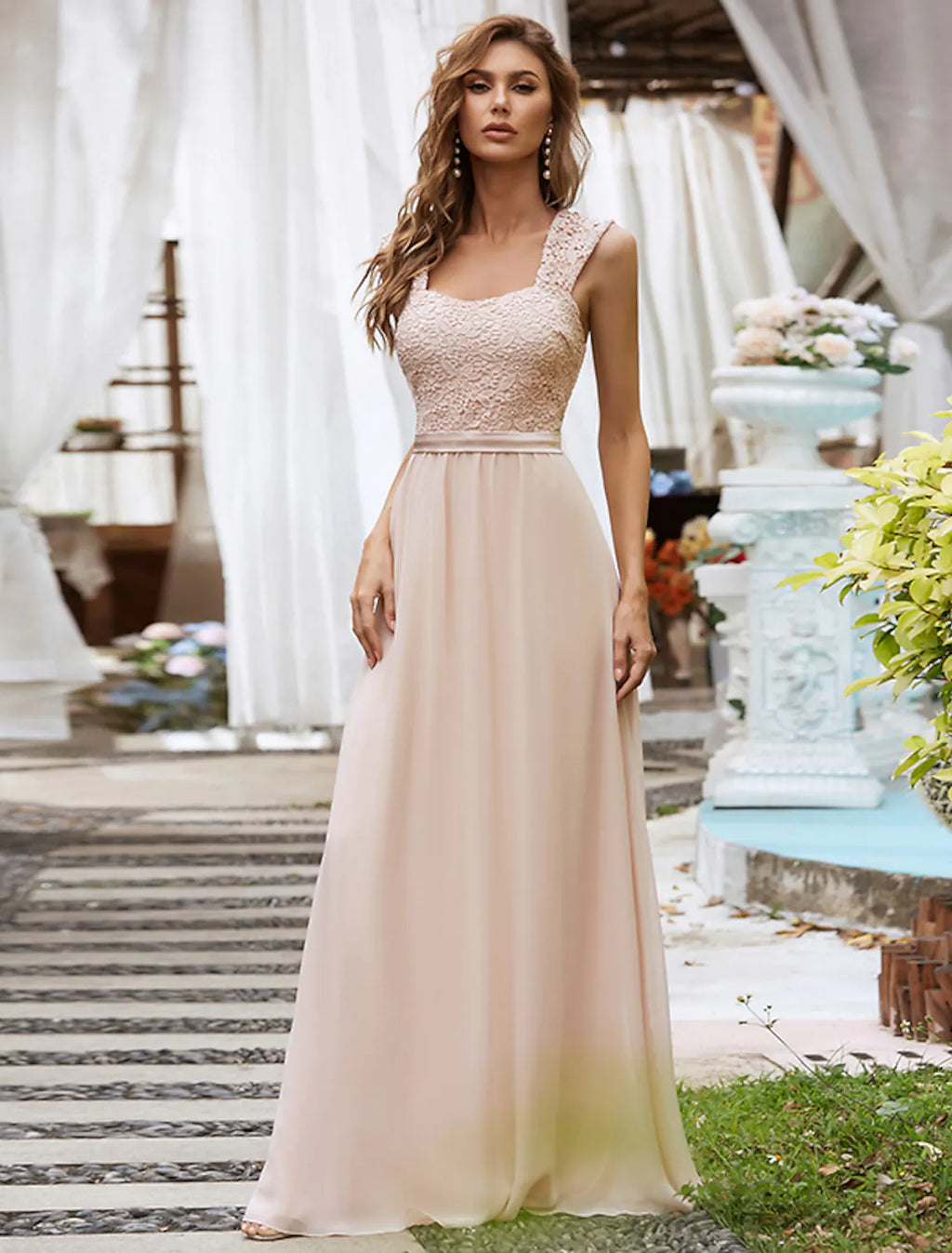 Formal Evening Dress Backless Sleeveless Floor Length with Pleats