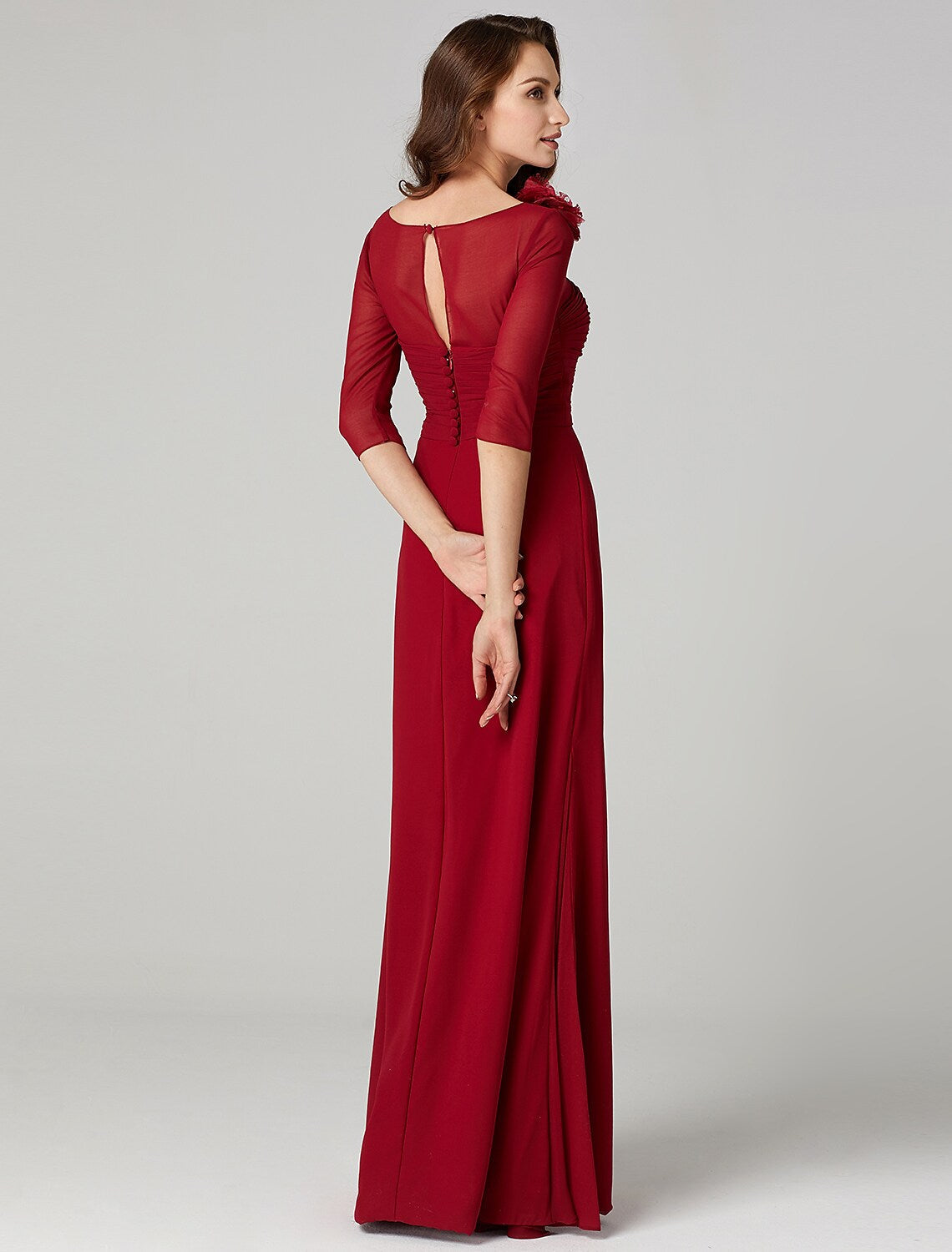Floor Length Length Sleeve Neck Charmeuse with Ruched Flower