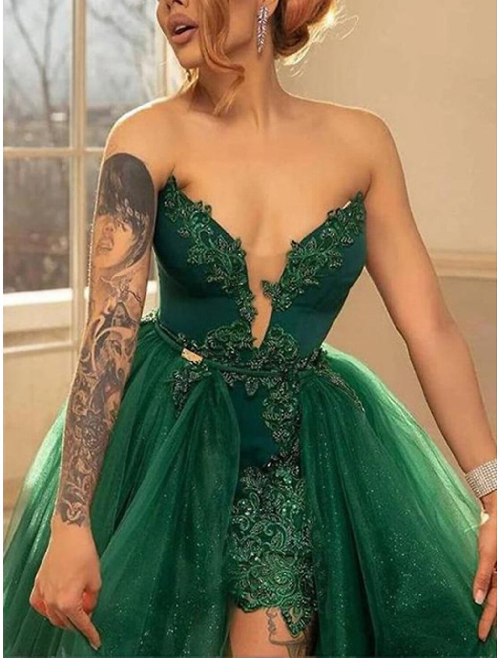 Green Evening Gown Elegant Dress Formal Sweep / Brush Train Christmas Red Dress Sleeveless Sweetheart with Glitter Pleats Slit