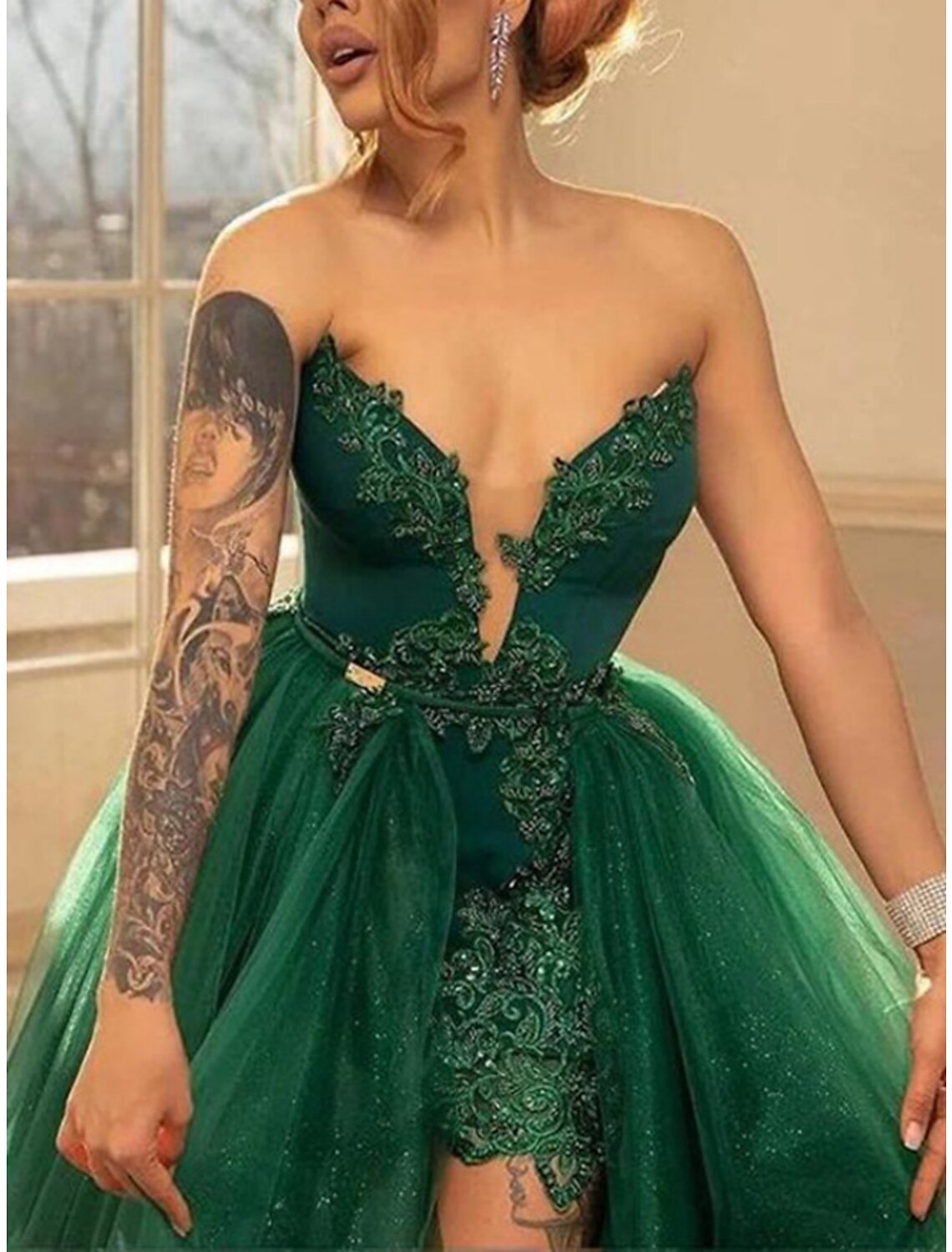 Green Evening Gown Elegant Dress Formal Sweep / Brush Train Christmas Red Dress Sleeveless Sweetheart with Glitter Pleats Slit