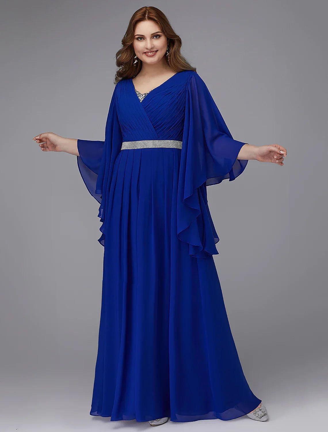 Plus Size Dress Wedding Guest Floor Length Long Sleeve V Neck Lace-up with Crystals