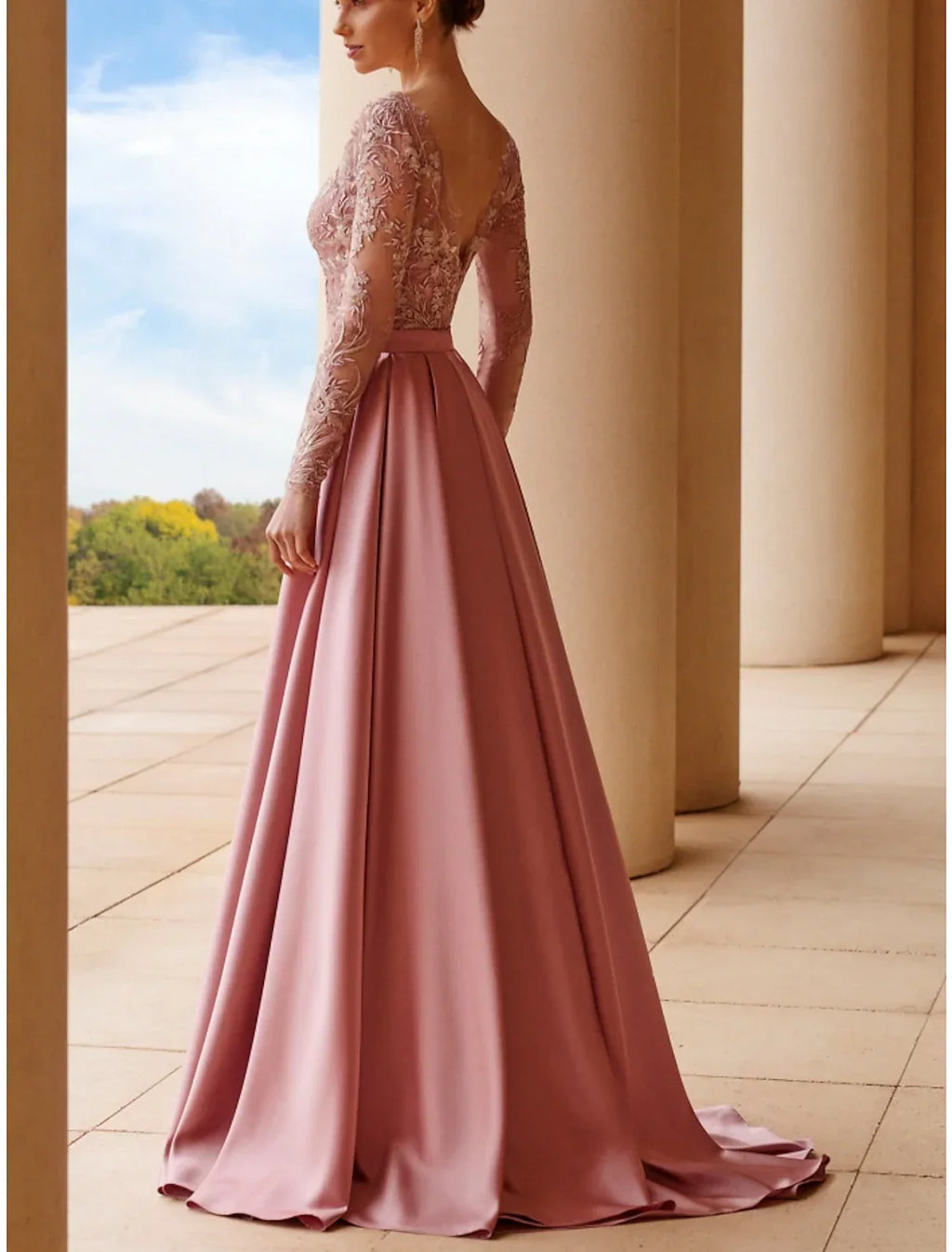 Mother of the Bride Dress Wedding Guest Elegant Scoop Neck Sweep / Brush Train Long Sleeve with Sash / Ribbon Ruching