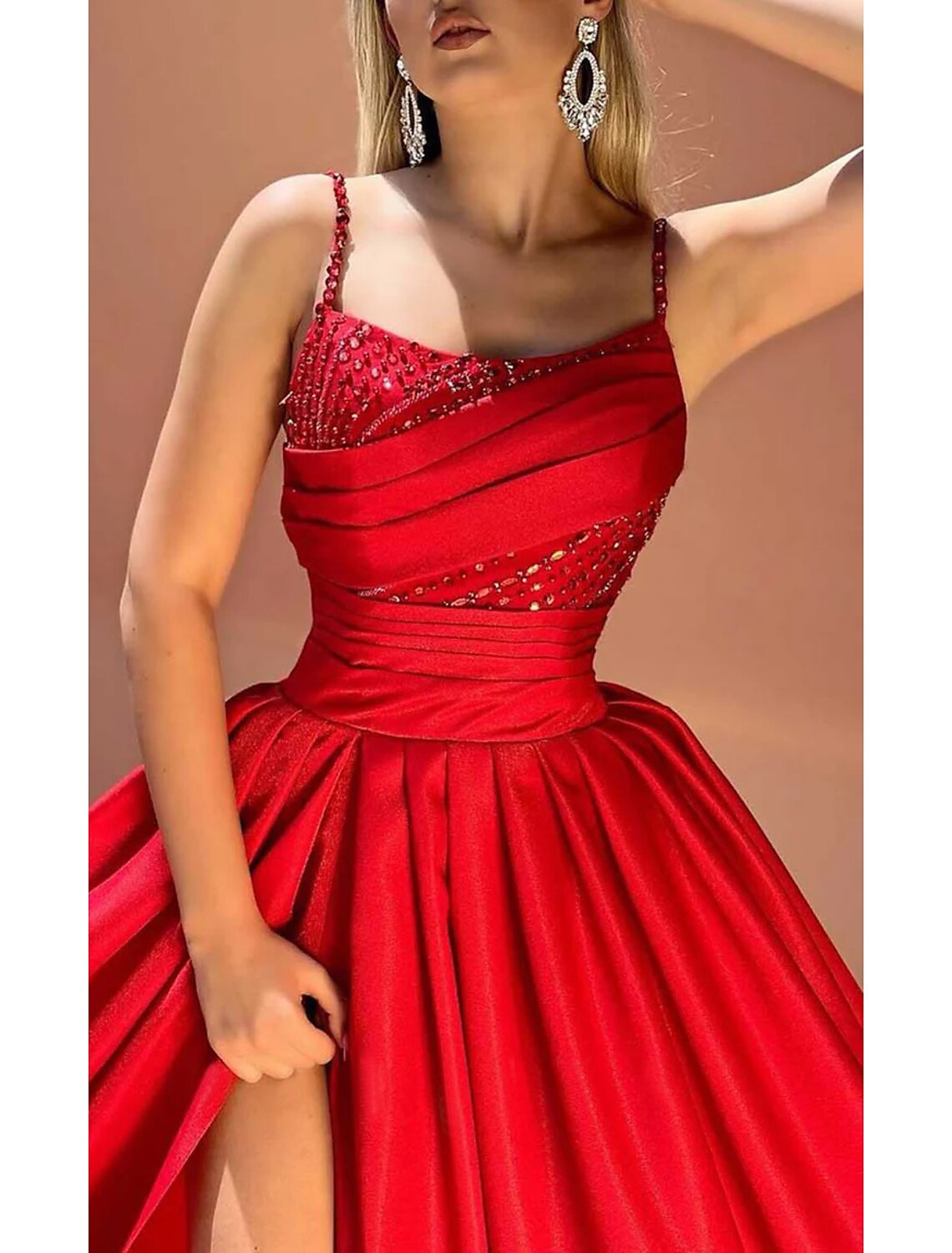 Evening Gown Glittering Dress Formal Christmas Court Train Sleeveless Spaghetti Strap with Ruched