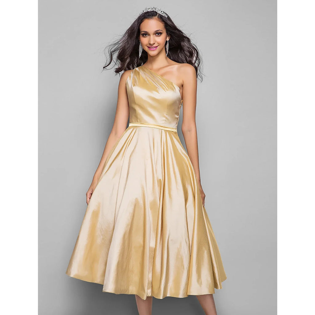 Minimalist Elegant Cocktail Party Wedding Party Dress One Shoulder Sleeveless Tea Length Taffeta with Sash / Ribbon