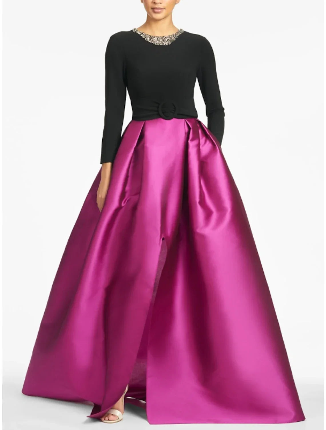 Evening Gown High Split wedding guest Dress Formal Fall Floor Length Long Sleeve color contrast Jewel Neck with Crystals