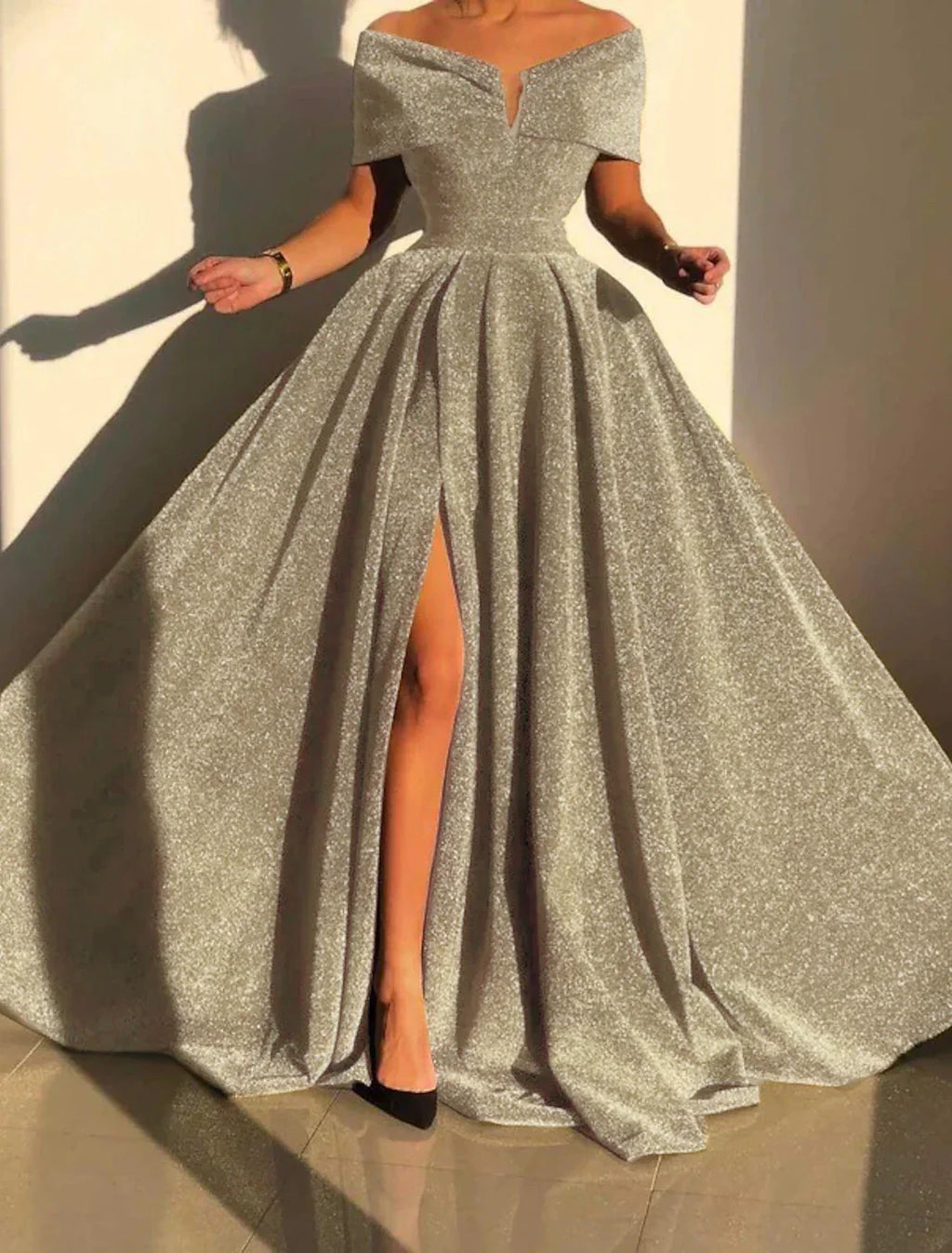 Silver Evening Gown Prom Silver Green Sparkle & Shine Party Formal Dress Formal Fall Court Train Sleeveless Off Shoulder Slit