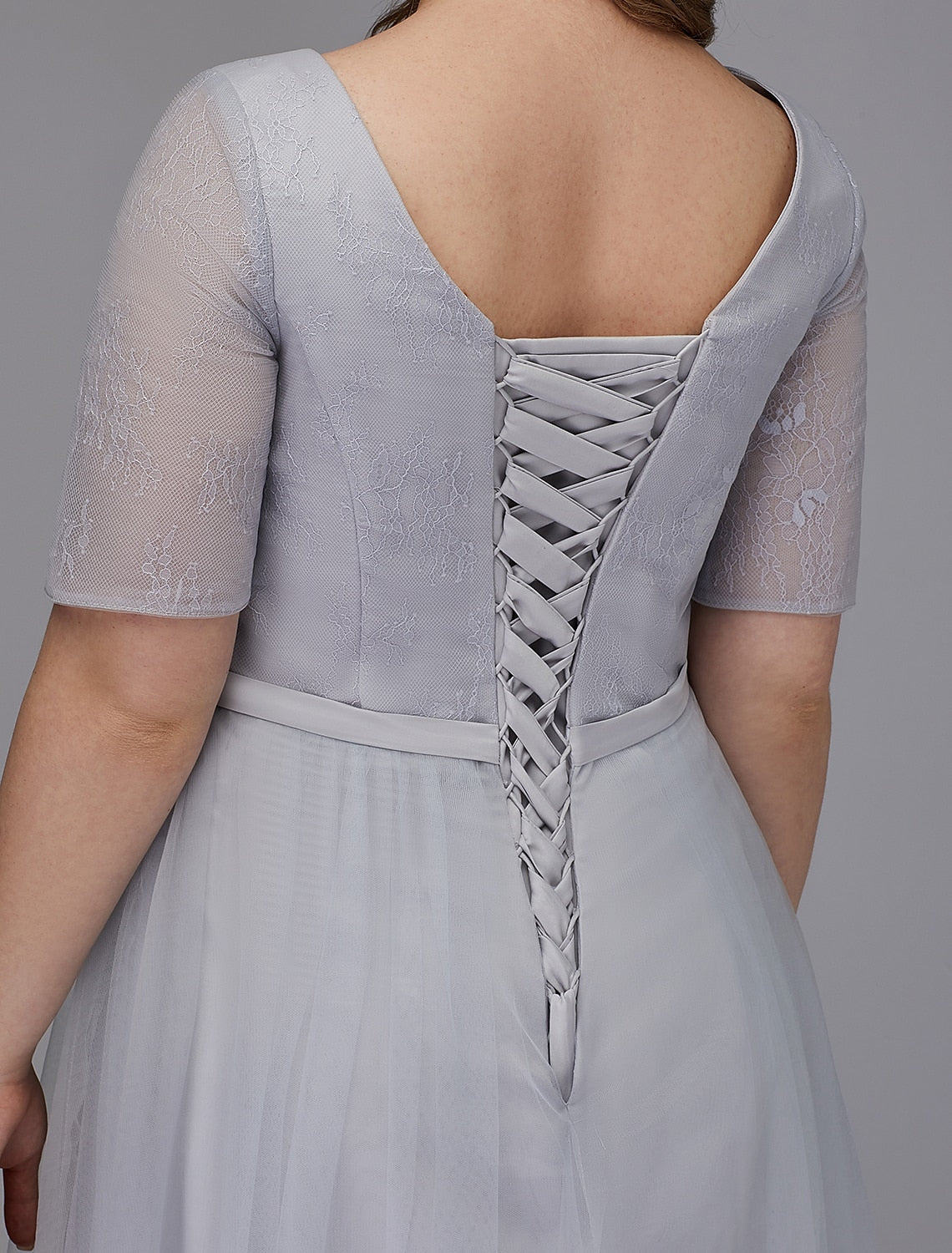 Wedding Guest Tea Length Short Sleeve V Neck Lace-up with Sash / Ribbon