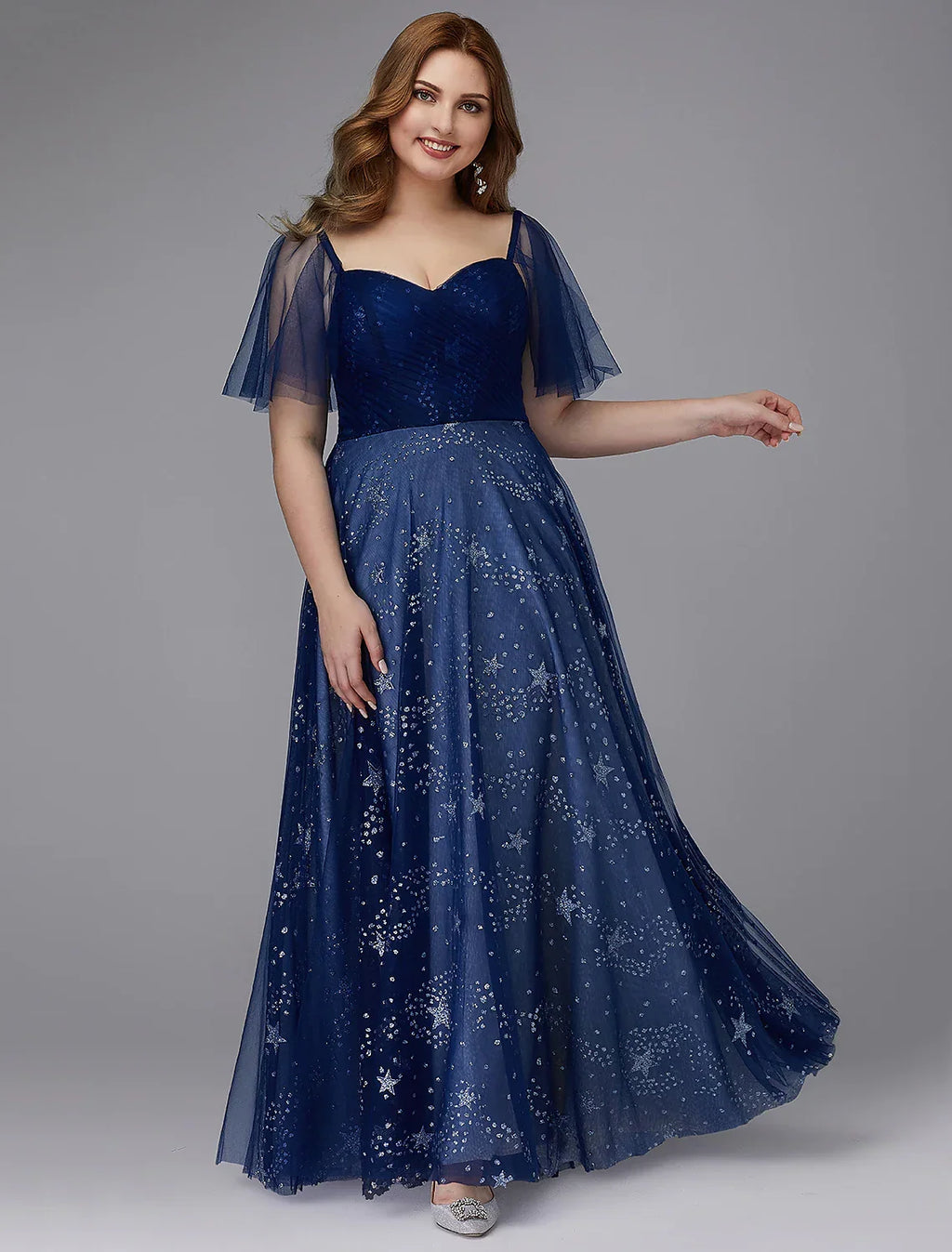 Plus Size Dress Prom Floor Length Short Sleeve TulleLace-up with Beading Pattern Print