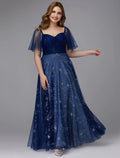 Plus Size Dress Prom Floor Length Short Sleeve TulleLace-up with Beading Pattern Print