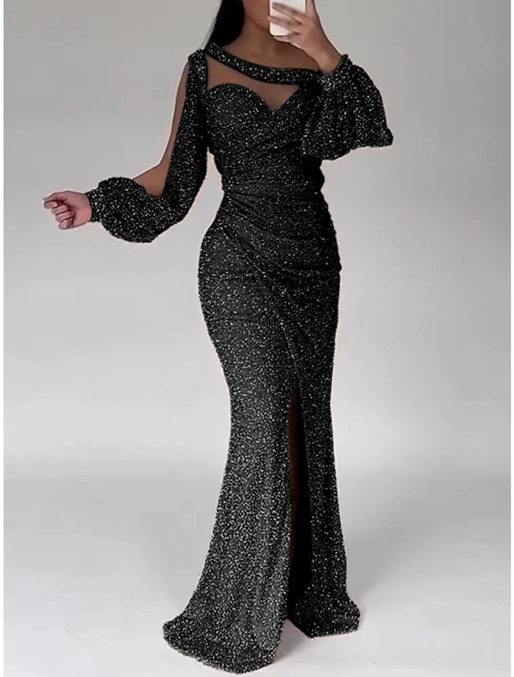 Green Mermaid Dress Evening Gown Christmas Red Dress Formal Sweep / Brush Train Long Sleeve Scoop Neck with Glitter Ruched Slit