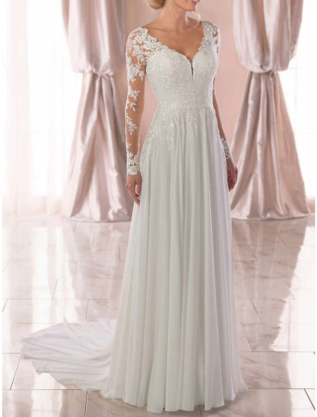 Wedding Guest Wedding Party Sweep / Brush Train Long Sleeve V Neck with Appliques