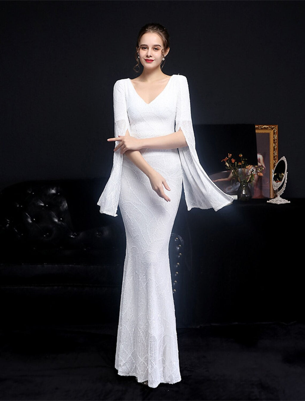 Mermaid / Trumpet Evening Gown Sparkle & Shine Dress Formal Floor Length Long Sleeve V Neck