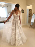 Beach Open Back Wedding Dresses A-Line Sleeveless V Neck Appliques