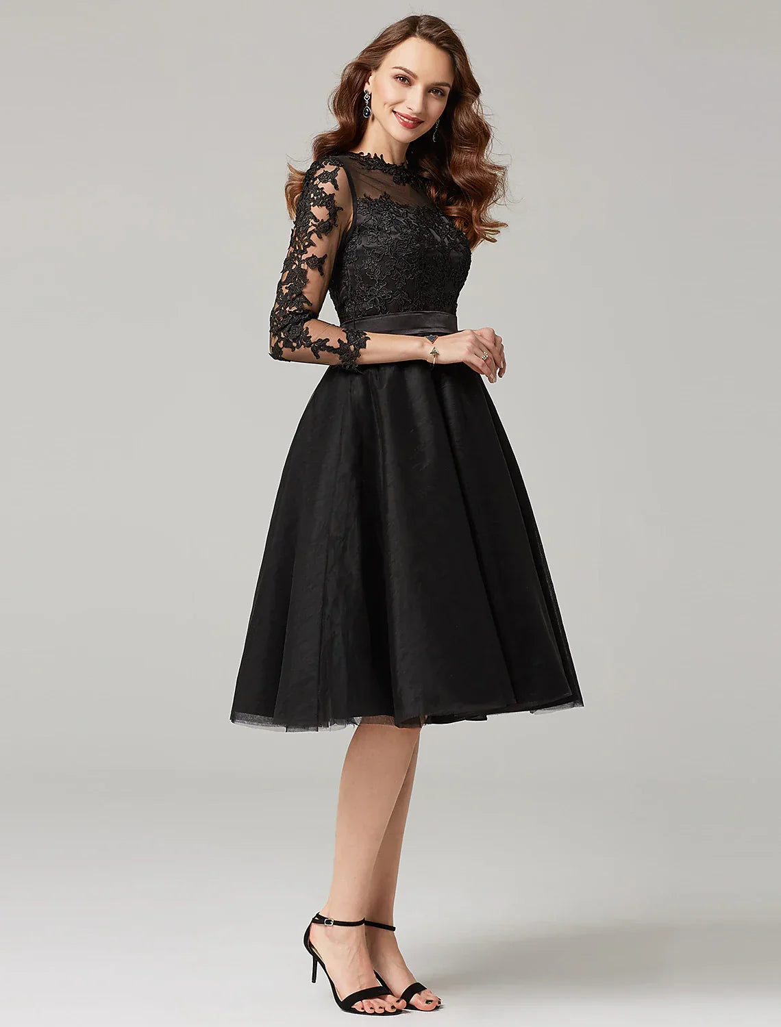 Wedding Guest Knee Length 3/4 Length Sleeve Illusion Neck Over with Appliques