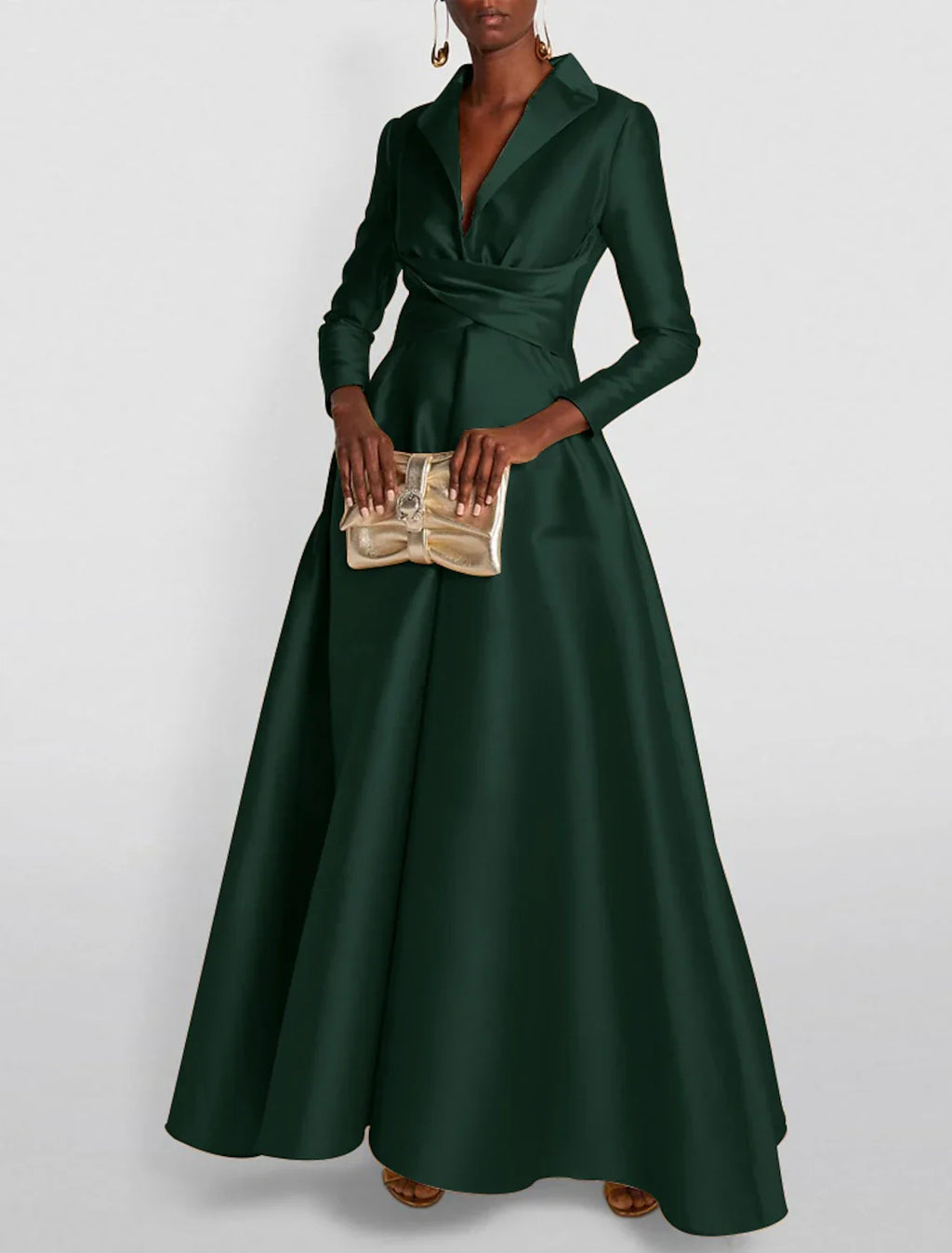 Green Evening Gown Elegant Christmas Red Dress Formal Wedding Guest Floor Length Long Sleeve Shirt Collar with Ruched