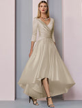 Mother of the Bride Dress Wedding Guest Elegant High Low V Neck Asymmetrical Ankle Length Half Sleeve with Pleats Side-Draped
