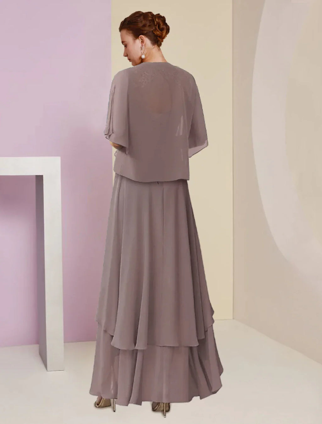 Two Piece A-Line Mother of the Bride Dress Formal Wedding Guest Elegant Square Neck Asymmetrical Tea Length 3/4 Length Sleeve Wrap Included with Ruched Tier Appliques