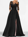 Evening Gown Elegant Dress Wedding Guest Floor Length 3/4 Length Sleeve Jewel Neck with Beading Appliques