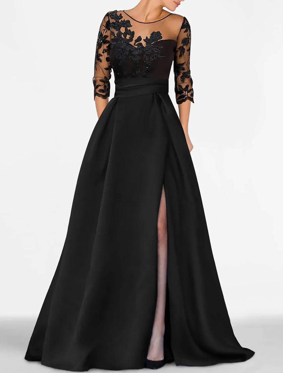 Evening Gown Elegant Dress Wedding Guest Floor Length 3/4 Length Sleeve Jewel Neck with Beading Appliques