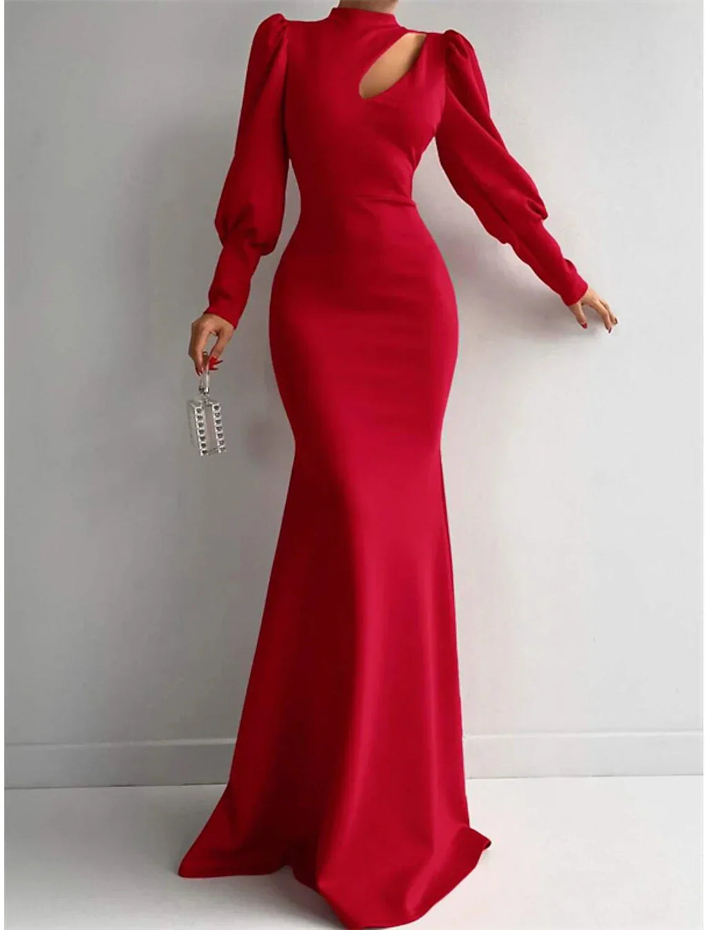 Green Mermaid Evening Gown Elegant Dress Formal Christmas Red Dress Sweep / Brush Train Long Sleeve High Neck with Ruched