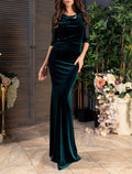 Mermaid / Trumpet Mother of the Bride Dress Wedding Guest Elegant Jewel Neck Floor Length Half Sleeve No with Ruched Solid Color