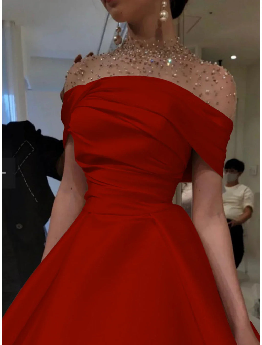 Green Evening Gown Elegant Dress Formal Christmas Red Dress Floor Length Short Sleeve Illusion Neck with Ruched Beading