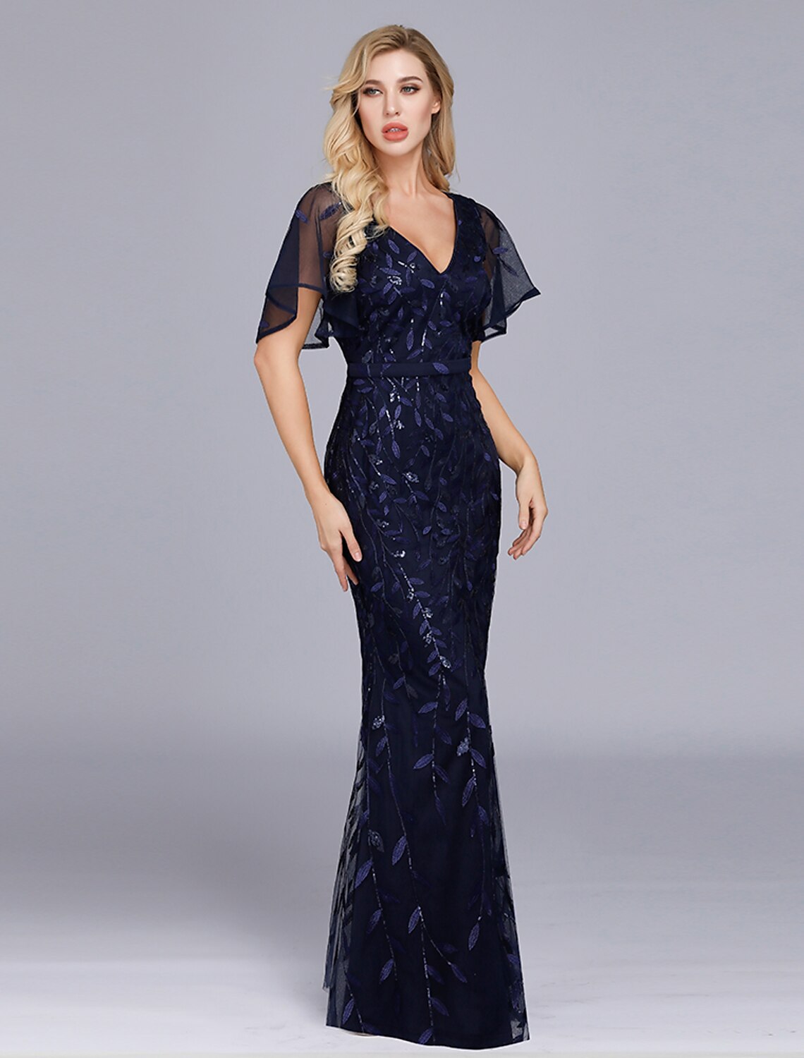 Mermaid / Trumpet Evening Gown Empire Dress Party Wear Floor Length Short Sleeve Jewel Neck with Ruffles Embroidery