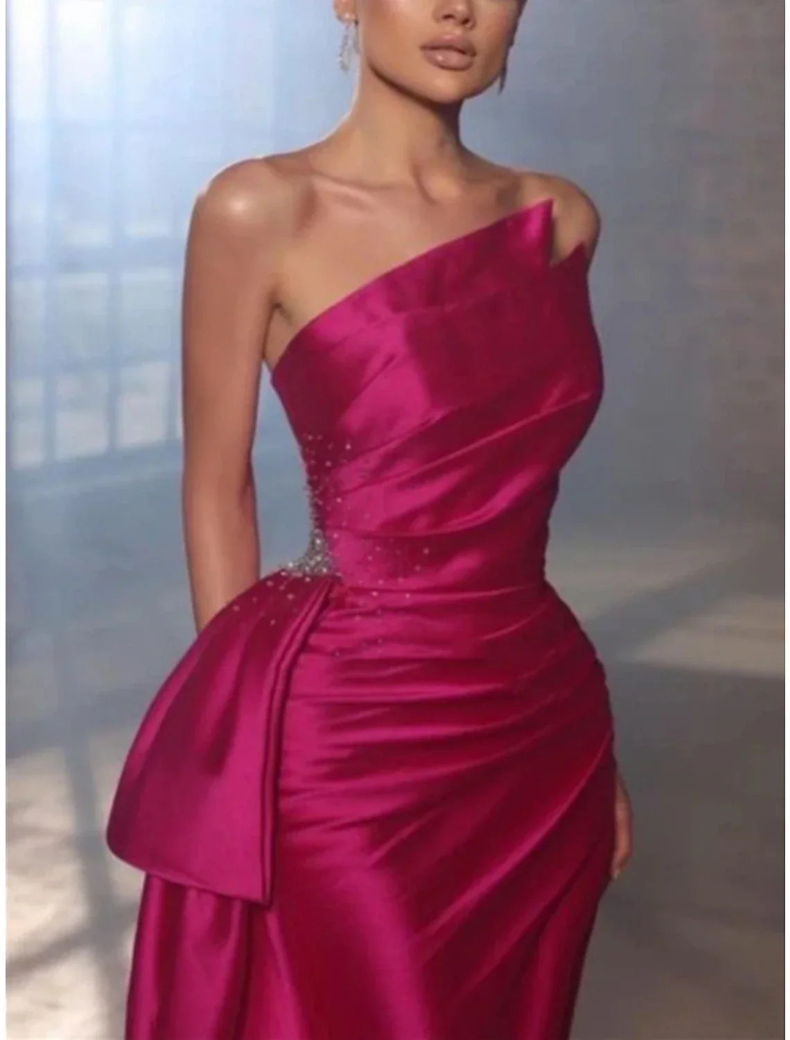 Evening Gown Elegant Dress Formal Court Train Sleeveless Strapless with Pleats Ruched