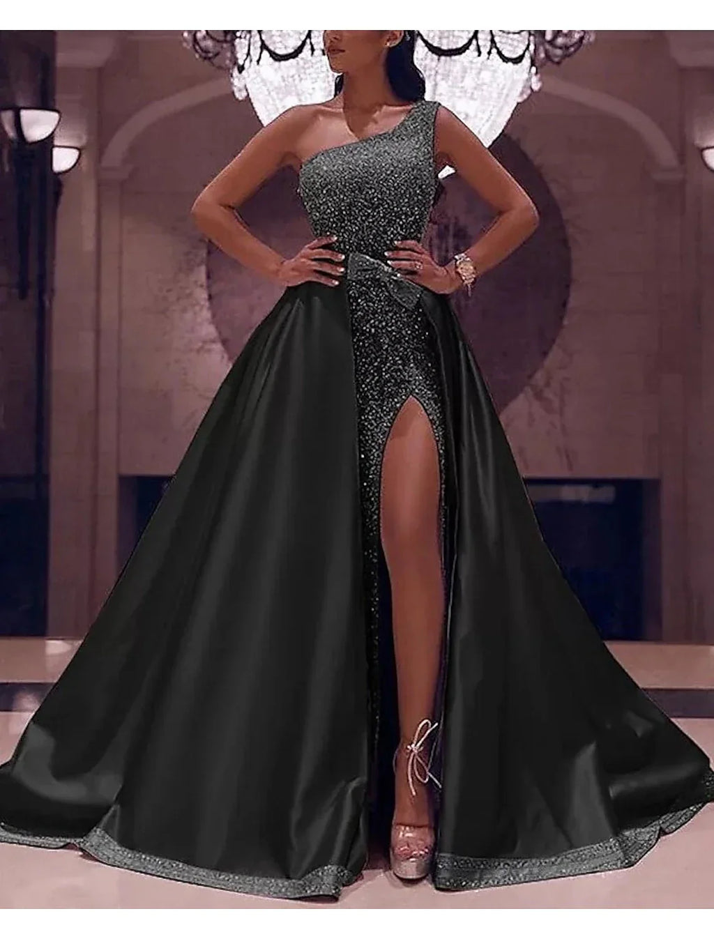 Ball Gown Prom Dresses Sparkle & Shine Dress Evening Party Quinceanera Floor Length Sleeveless One Shoulder Detachable with Bow(s)