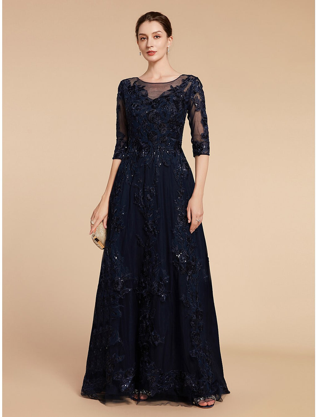Mother of the Bride Dress Formal Wedding Guest Elegant Party Scoop Neck Floor Length 3/4 Length Sleeve with Appliques