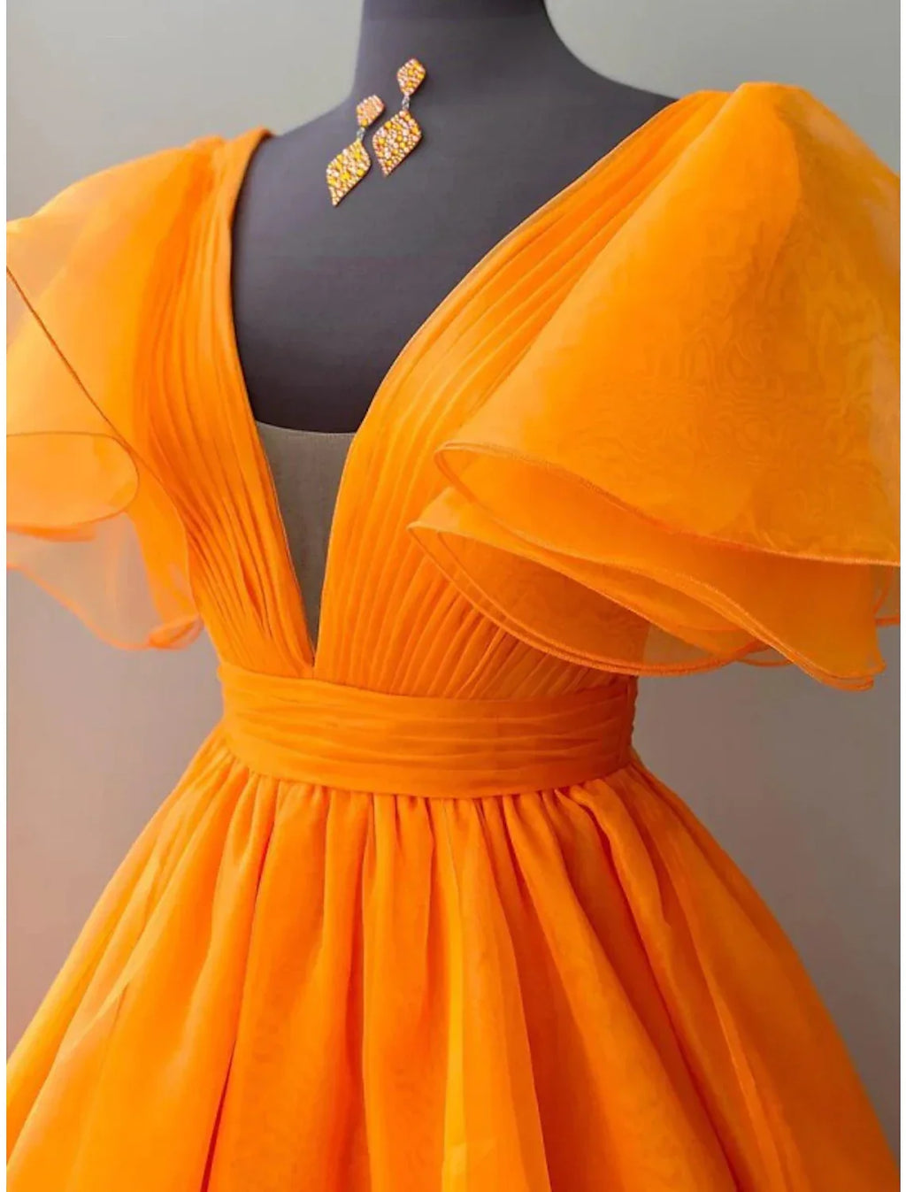 Ball Gown Evening Gown Celebrity Style Dress Wedding Party Floor Length Short Sleeve V Neck Fall Wedding Guest with Pleats Ruffles