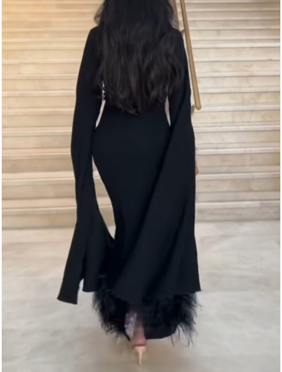 Black Sheath Dress Plus Size Evening Gown Elegant Dress Formal Ankle Length Long Sleeve Square Neck Fabric with Feather