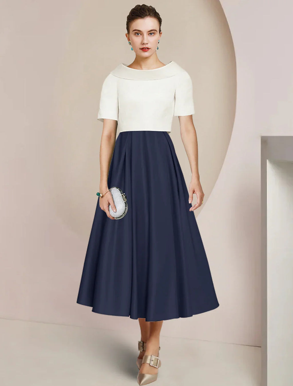 Mother of the Bride Dress Formal Wedding Guest Party Elegant Scoop Neck Tea Length Short Sleeve with Pleats Color Block