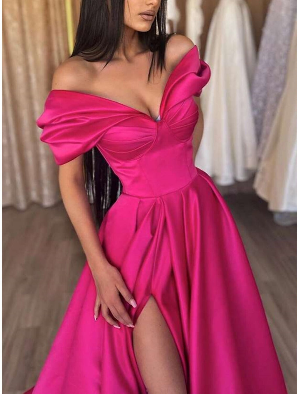 Black Evening Gown High Split Dress Dress Formal Carival Floor Length Short Sleeve Off Shoulder with Pleats Slit