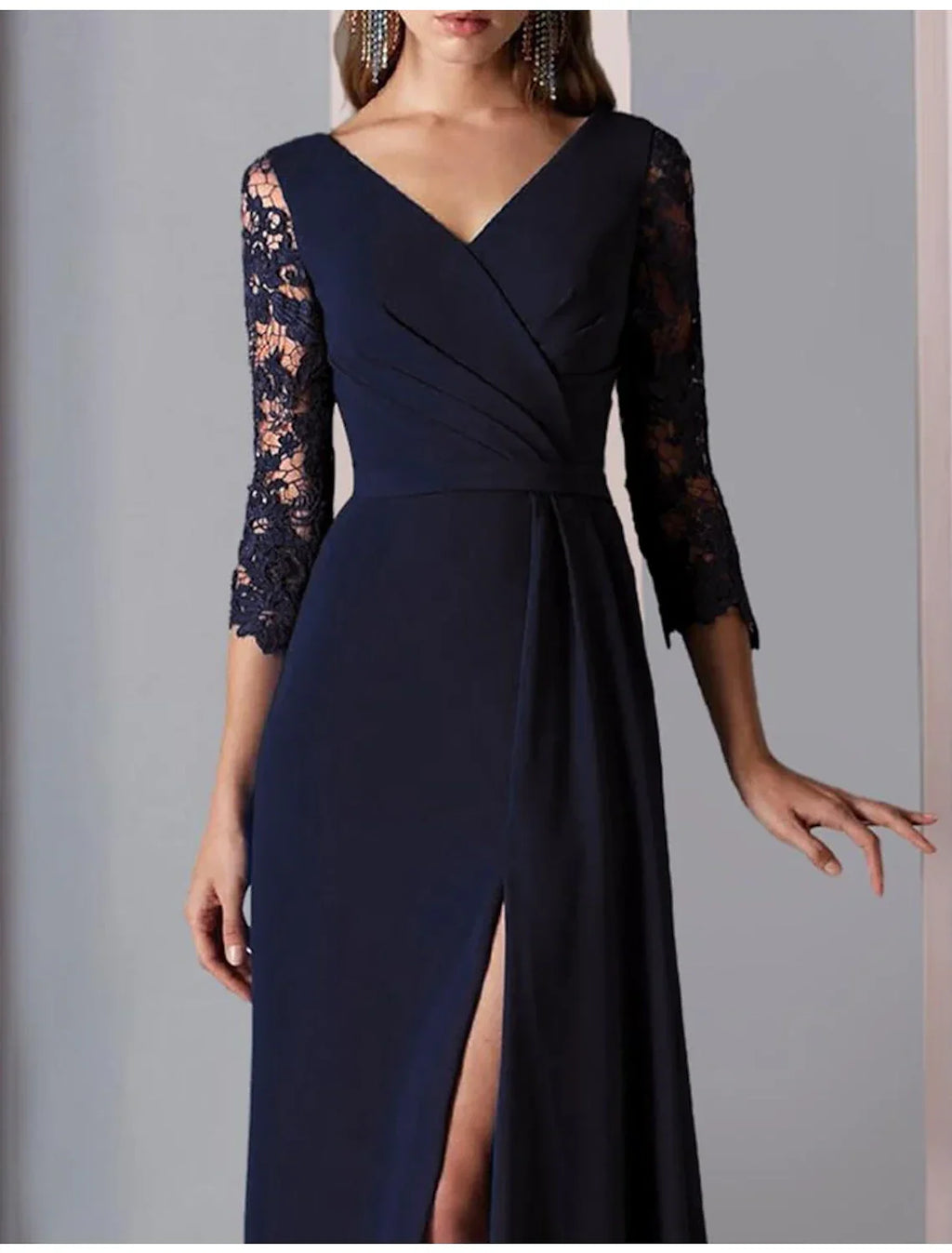 Mother of the Bride Dress Formal Wedding Guest Party Elegant V Neck Floor Length 3/4 Length Sleeve with Appliques Split Front