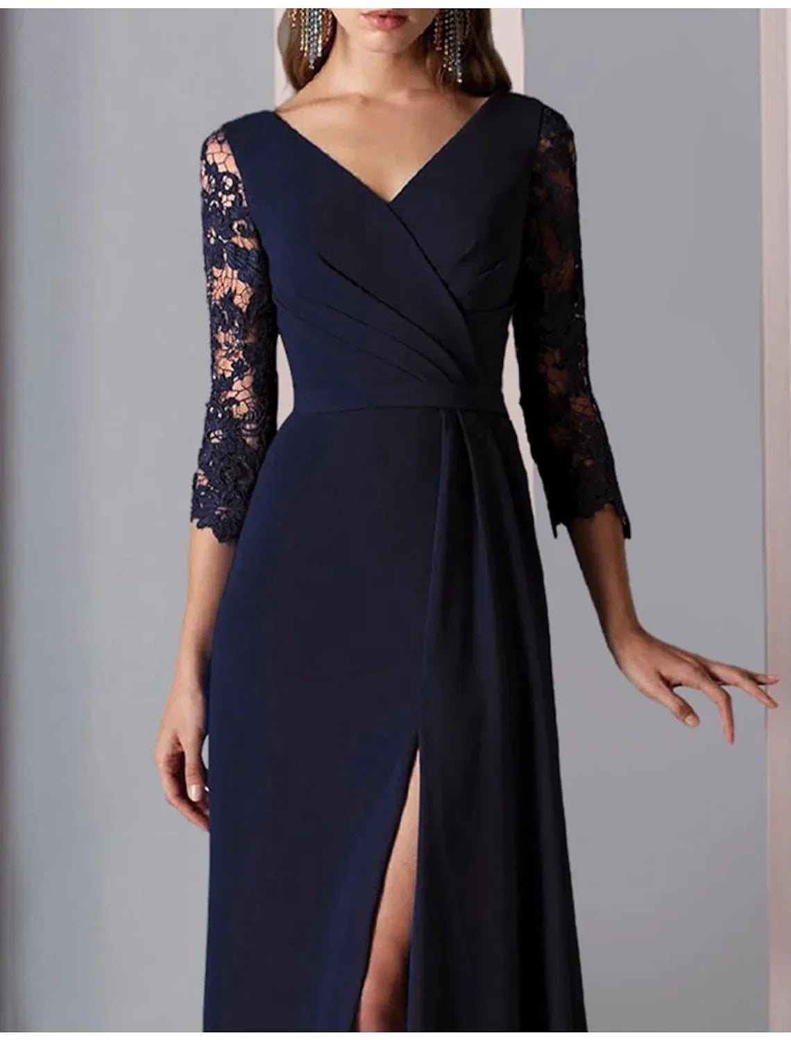 Mother of the Bride Dress Formal Wedding Guest Party Elegant V Neck Floor Length 3/4 Length Sleeve with Appliques Split Front