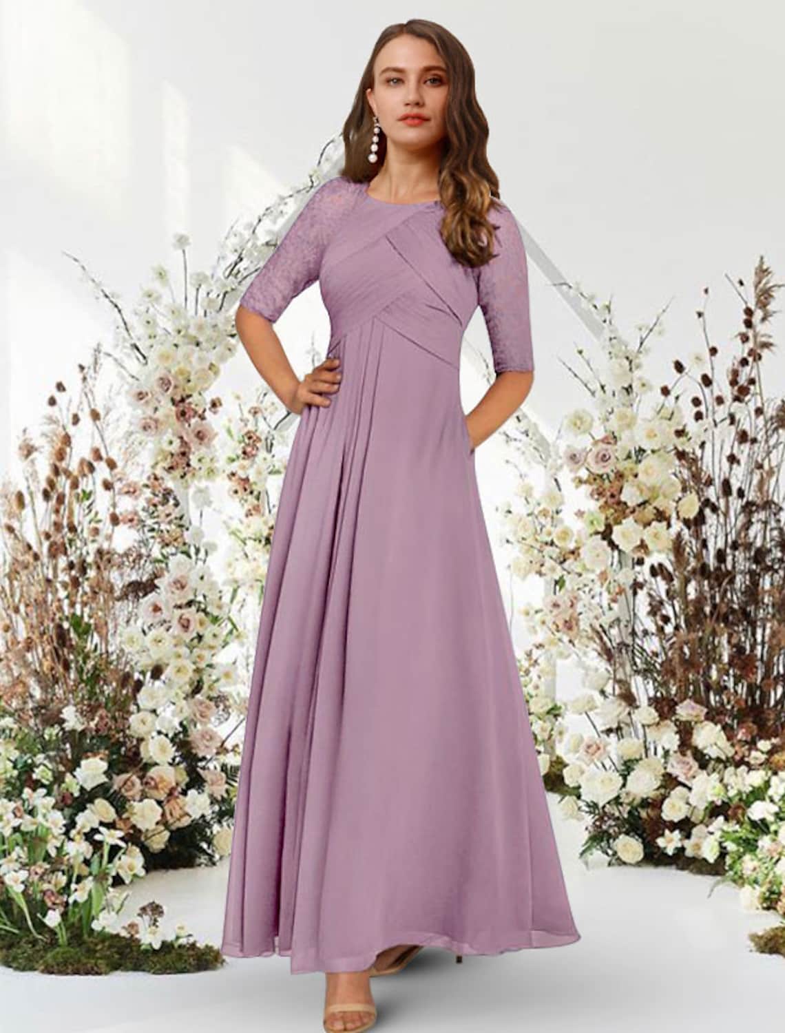 Evening Gown Elegant Dress Wedding Guest Floor Length Half Sleeve Jewel Neck with Pleats Ruched