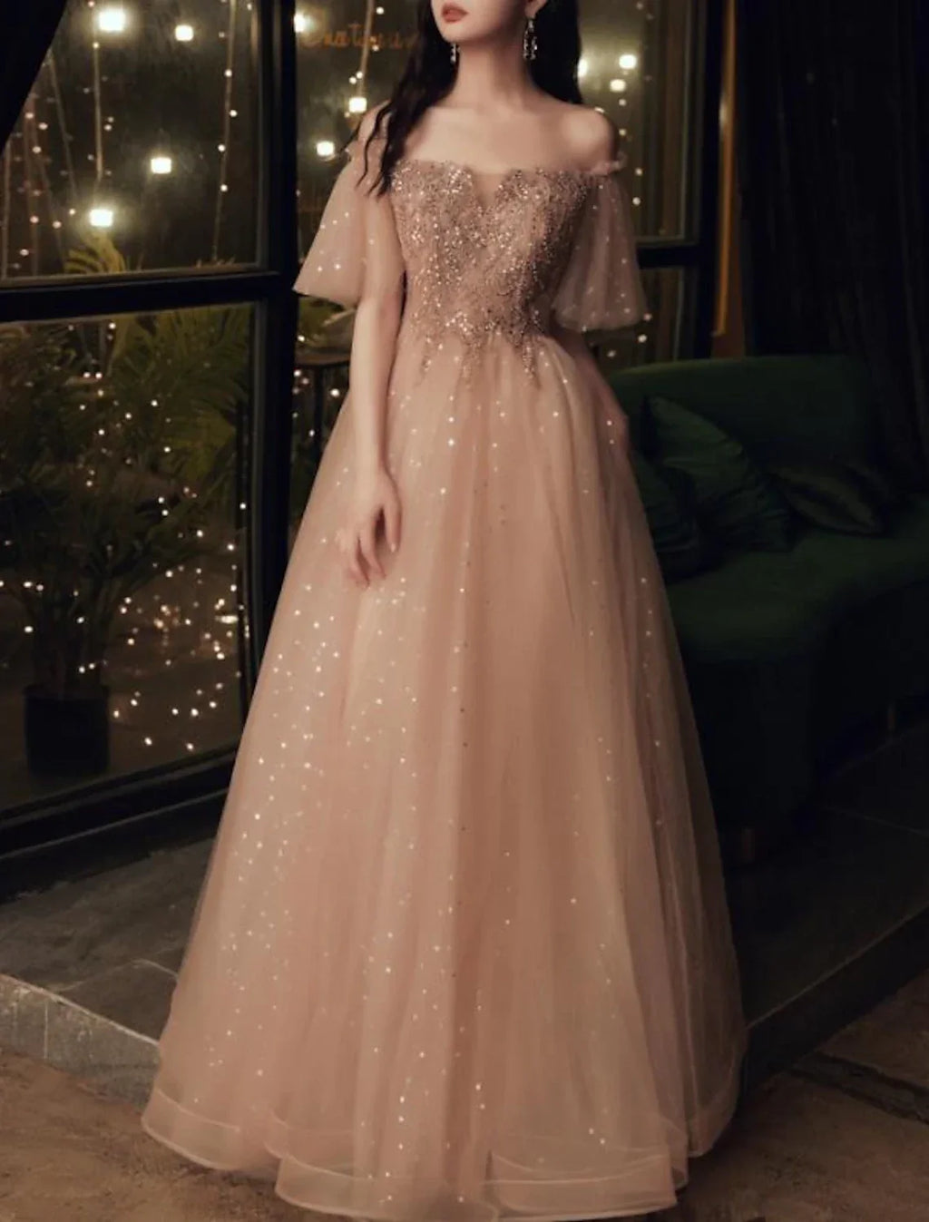 Glittering Elegant Wedding Guest Formal Evening Dress Scoop Neck Short Sleeve Floor Length with Pleats