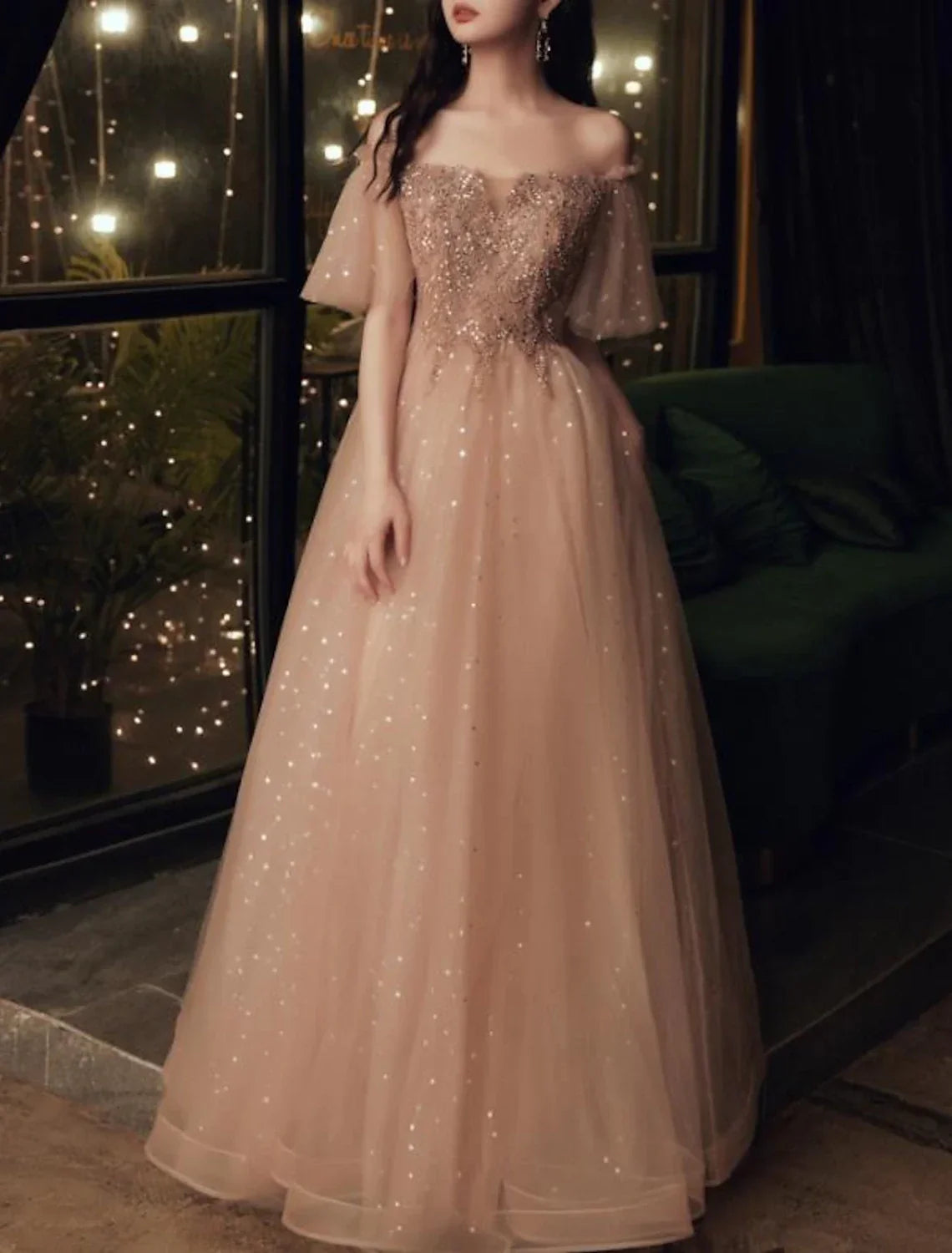 Glittering Elegant Wedding Guest Formal Evening Dress Scoop Neck Short Sleeve Floor Length with Pleats