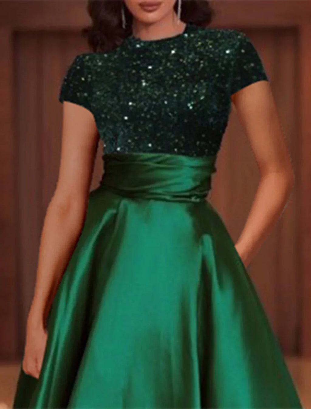Evening Gown Elegant Dress Christmas Floor Length Short Sleeve High Neck