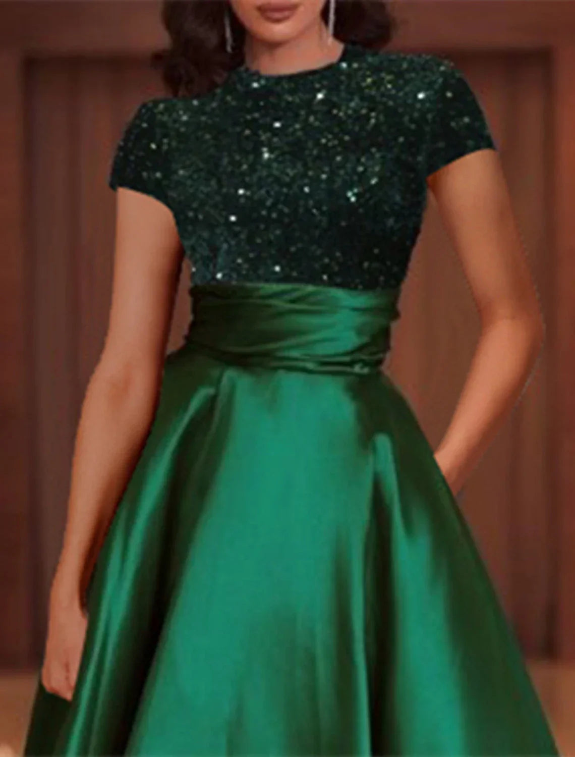 Evening Gown Elegant Dress Christmas Floor Length Short Sleeve High Neck