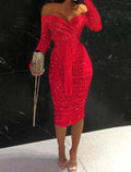 Sheath / Column Party Dresses Sparkle & Shine Dress Party Wear Wedding Party Knee Length Long Sleeve Off Shoulder
