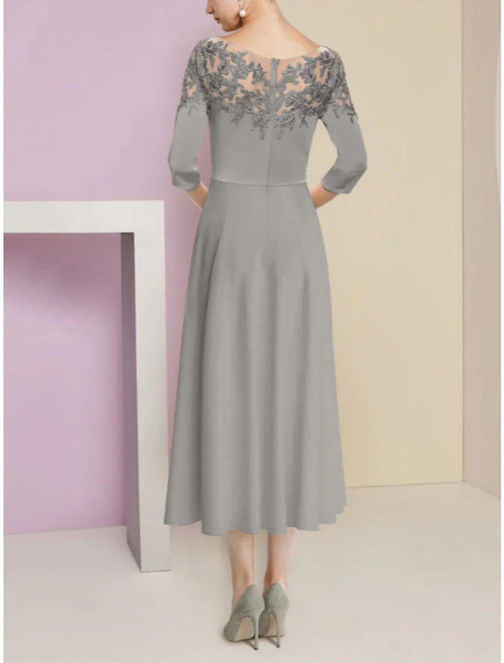 Mother of the Bride Dress Wedding Guest Elegant Scoop Neck Tea Length Half Sleeve with Ruching Solid Color