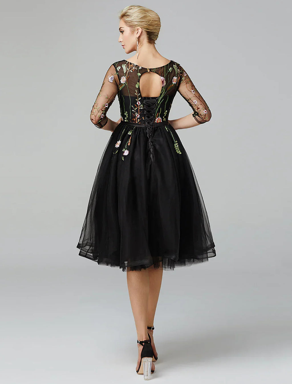 Black Little Dress Dress Wedding Guest Knee Length Long Sleeve Neck Addams with Embroidery Appliques