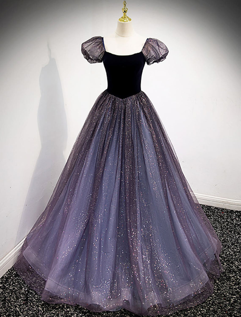 Engagement Floor Length Short Sleeve Square Neck with Splicing