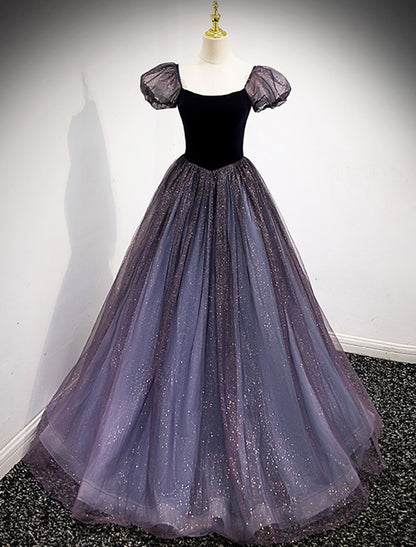 Elegant Red Ball-Gown Square-Neck Short-Sleeve Classic-Back Floor-Length Prom Dress