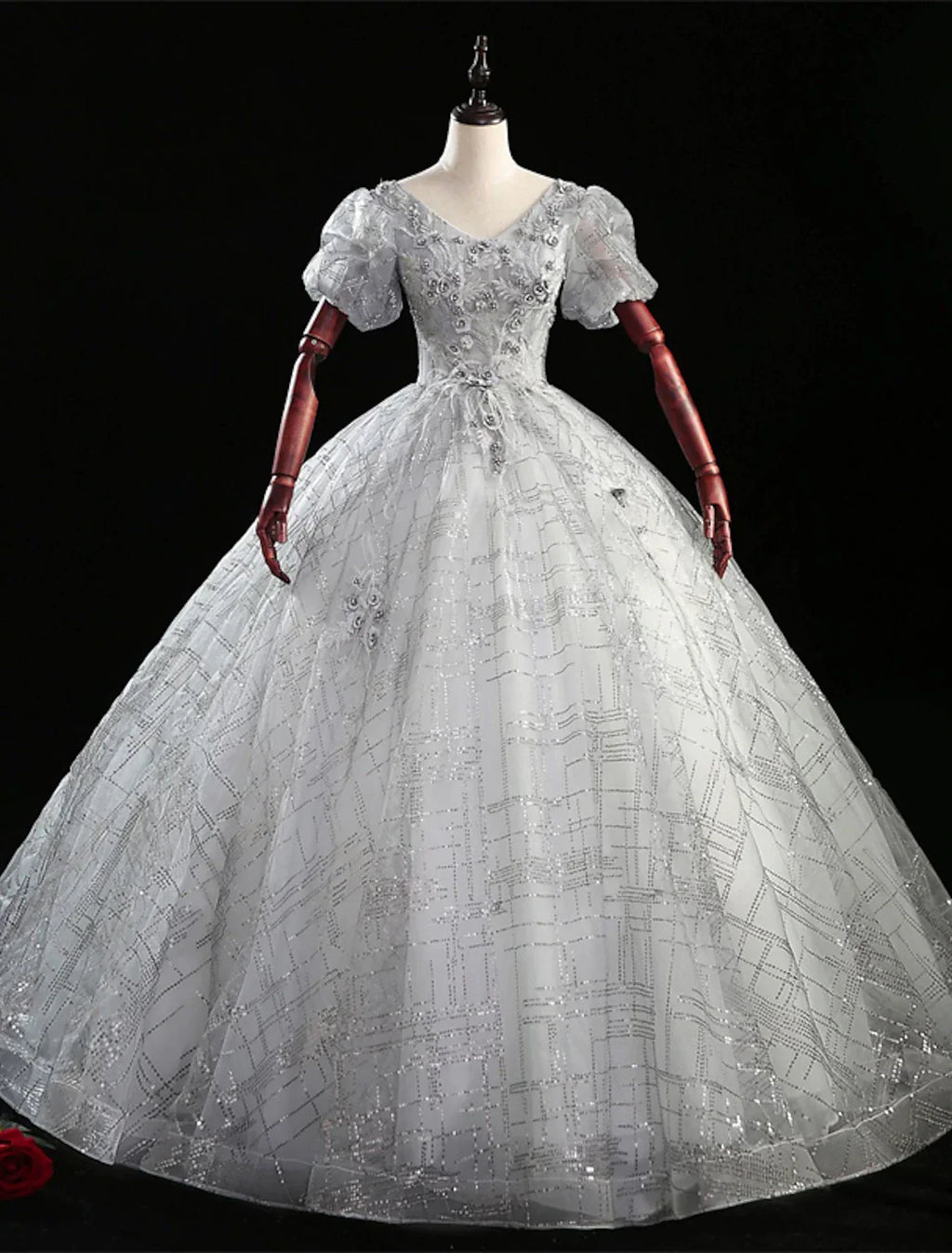 Ball Gown Quinceanera Dresses Princess Dress Performance Quinceanera Floor Length Short Sleeve V Neck with Beading