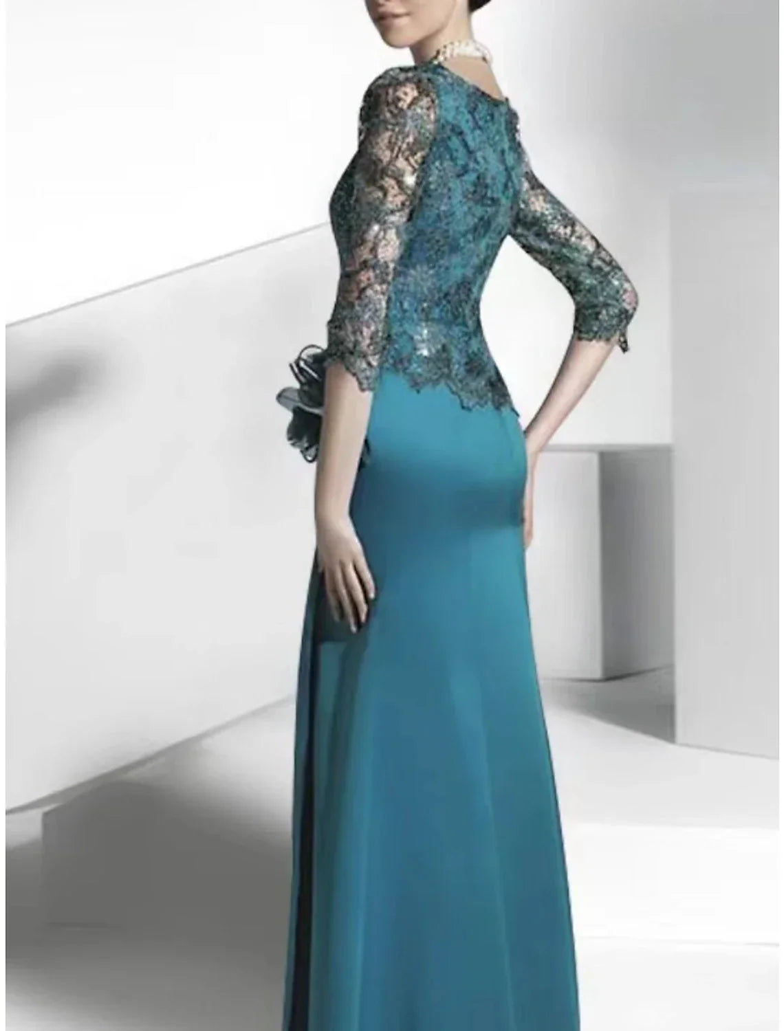 Sheath / Column Mother of the Bride Dress Party Elegant Scoop Neck Floor Length Half Sleeve with Appliques Ruching