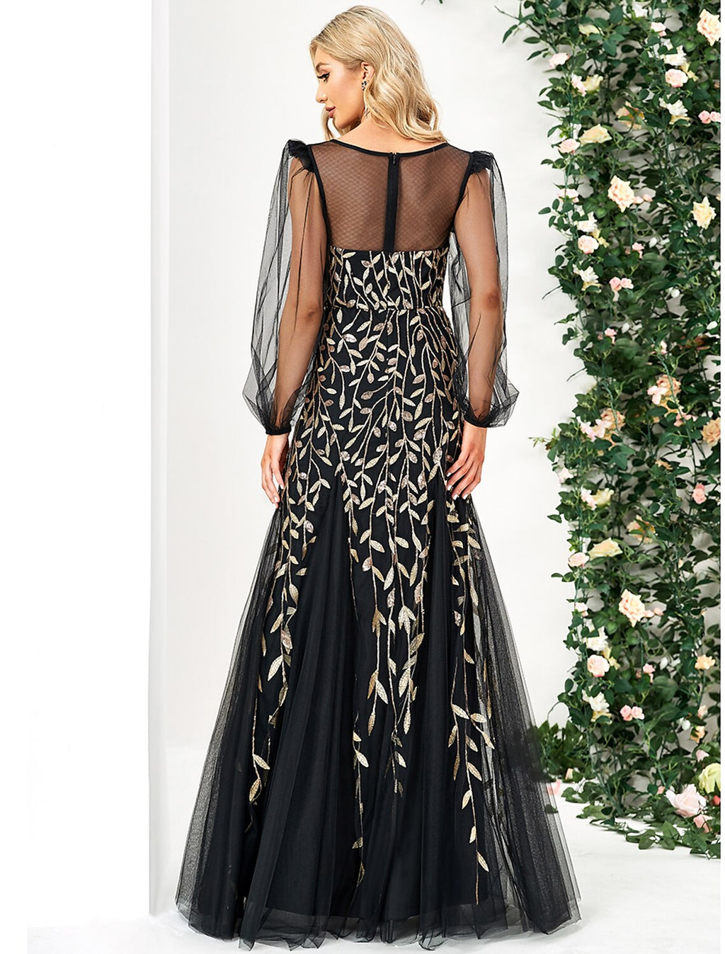 Evening Gown Elegant Dress Formal Floor Length Long Sleeve Jewel Neck