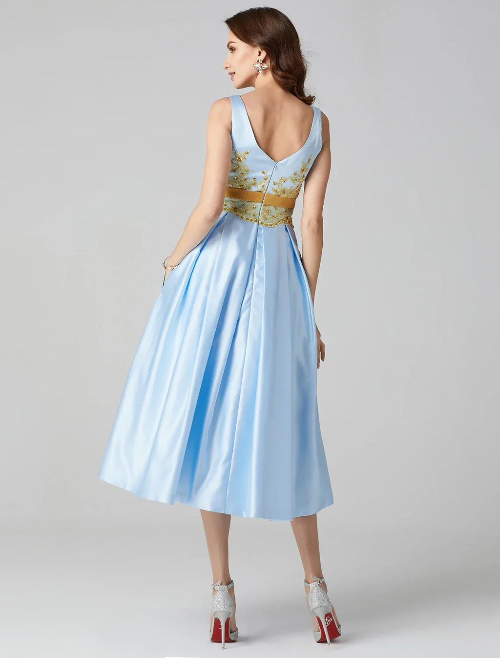 Cocktail Dresses Party Dress Wedding Guest Tea Length Sleeveless Jewel Neck V Back with Pleats Appliques